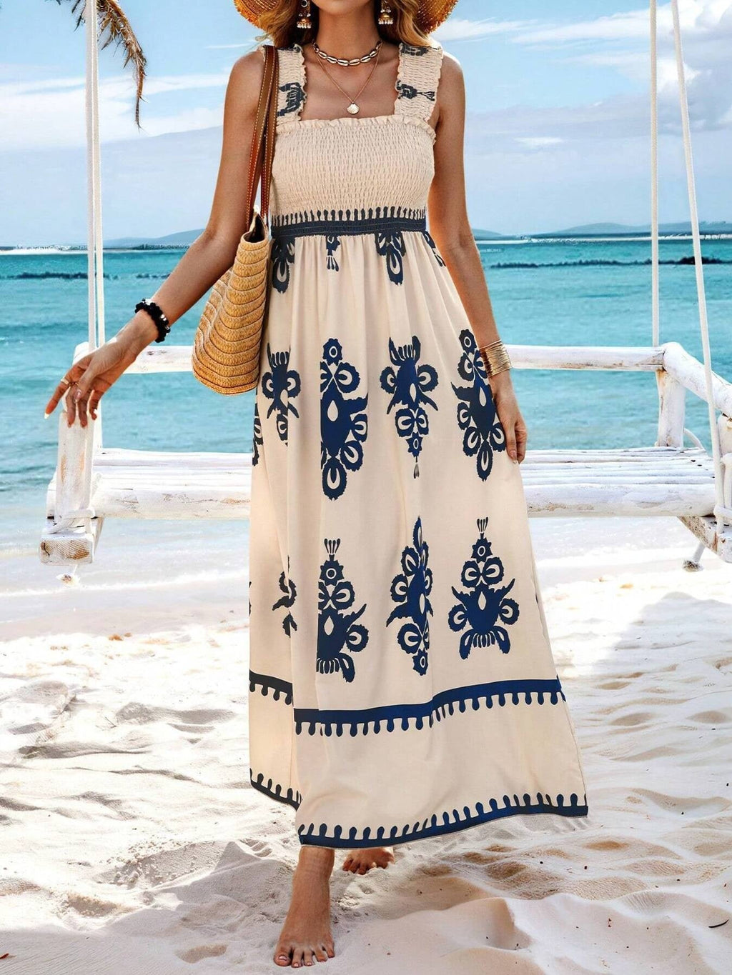 Smocked Bodice Colorful Print Tank Dress