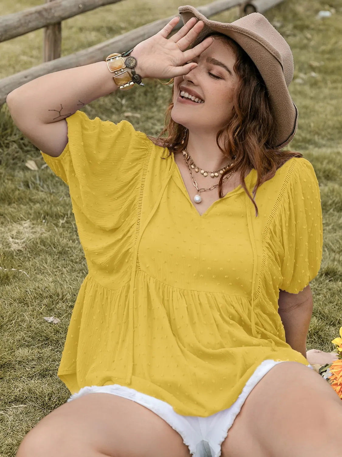Swiss Dot Tie Neck Short Sleeve Blouse