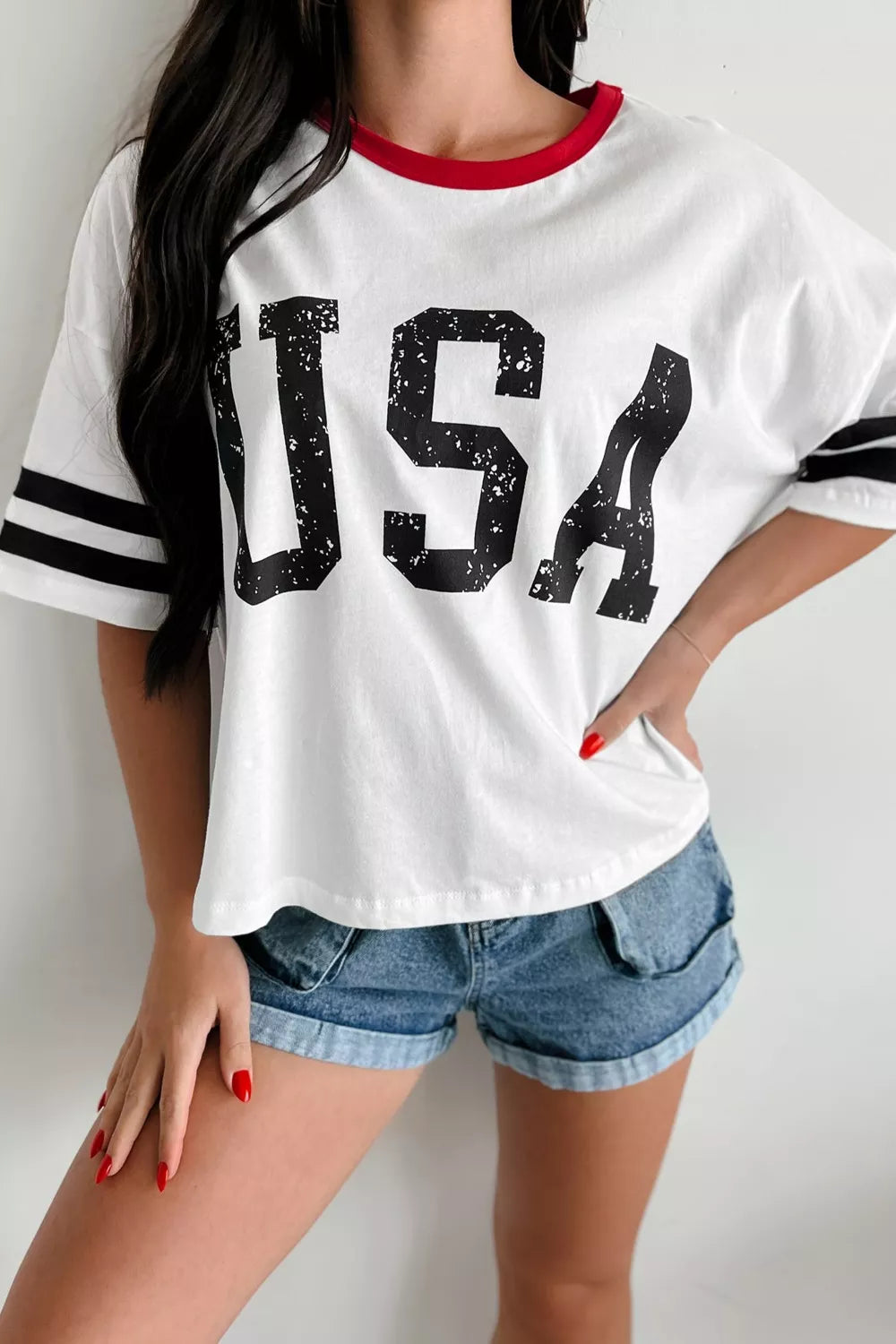USA Letter Printed Varsity Striped Sleeve Round Neck Tee