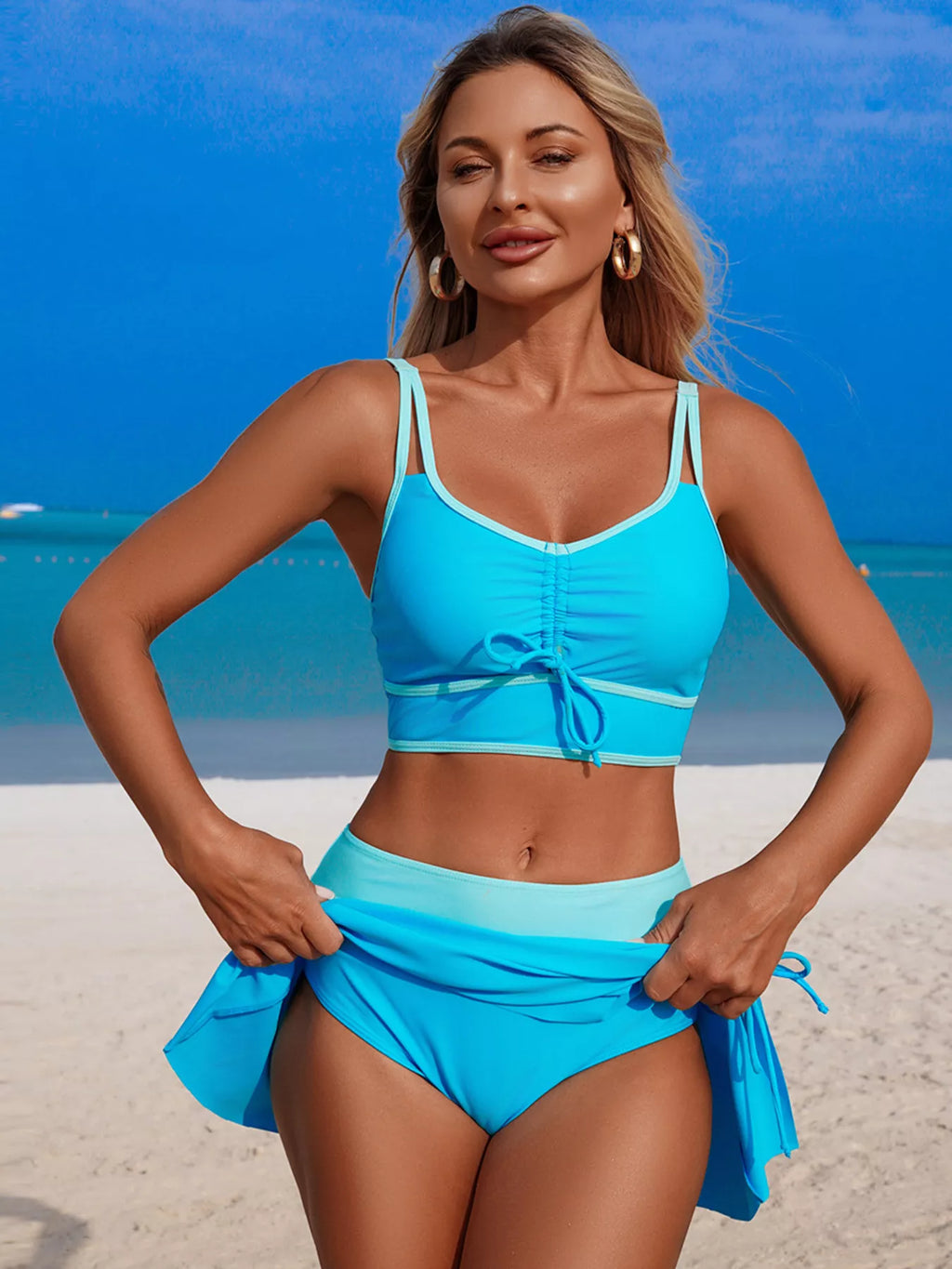 Contrast Trim Drawstring Swim Set