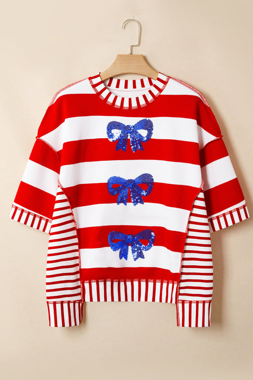 Americana Stripe Sequin Bow Short Sleeve Top