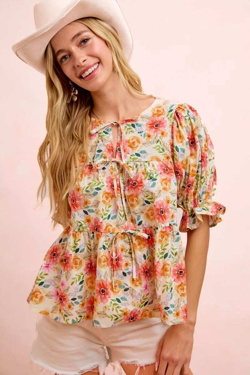 BiBi Flower Printed Shirring Detail Blouse Top