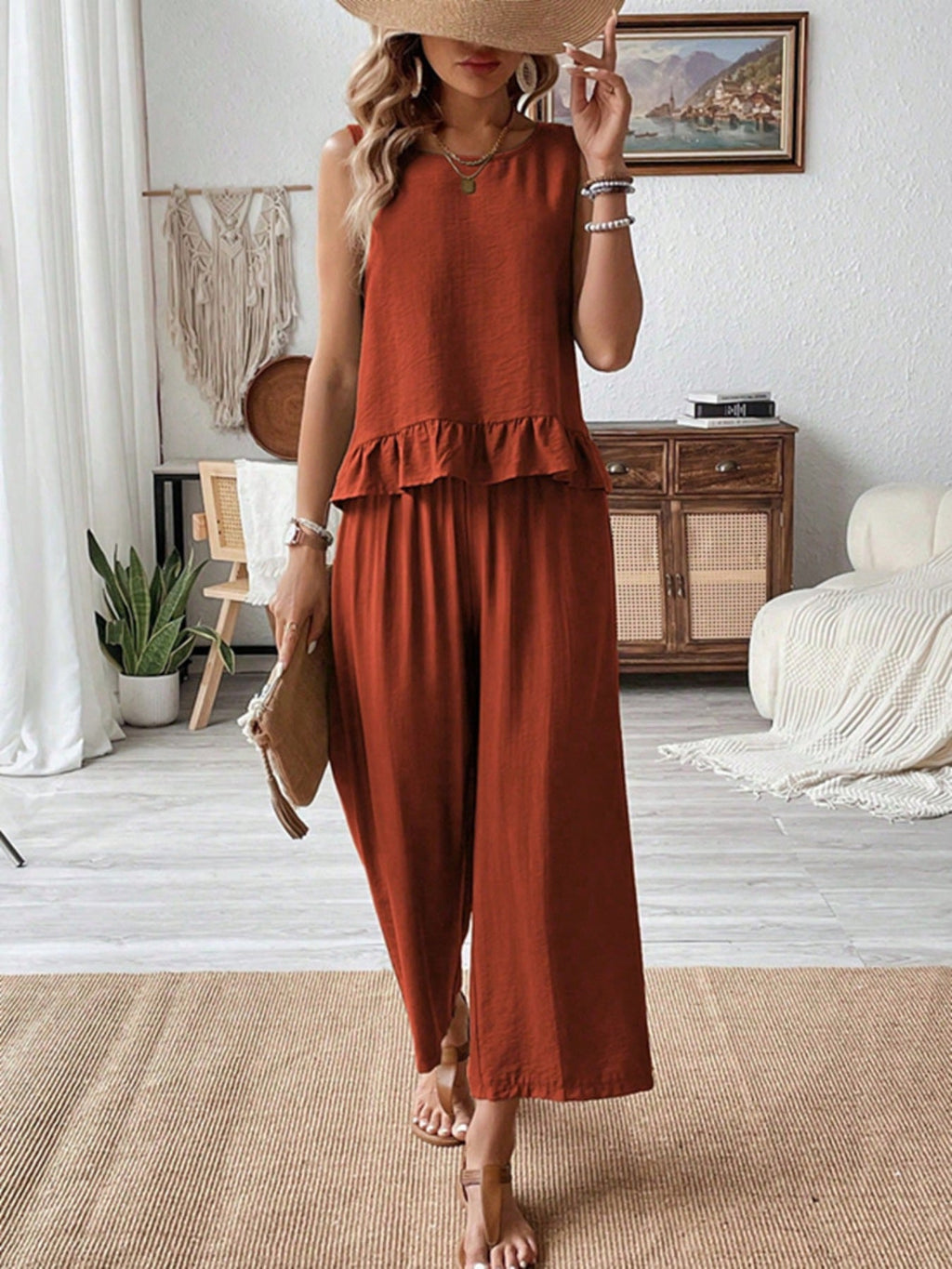 Sleeveless Ruffle Hem Tank and Wide Leg Two-Piece Set