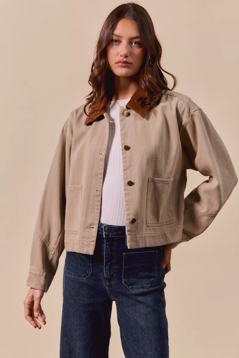 SO ME Cotton Twill Cropped Barn Jacket wtih Collar