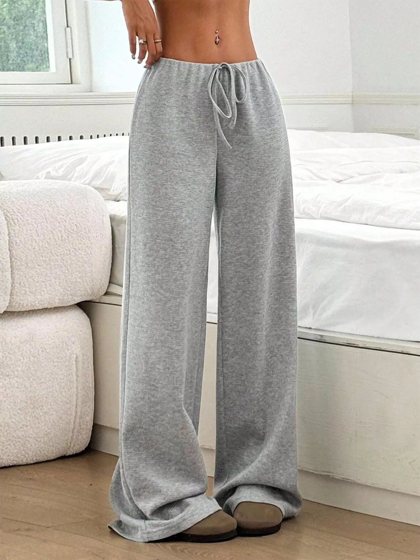 Striped Ribbed Knit Drawstring Waist Wide Leg Pants