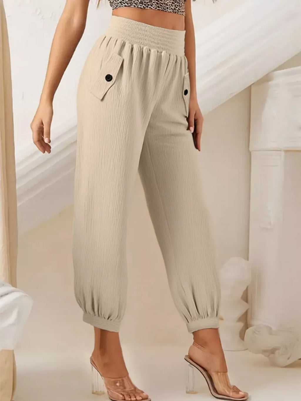 Smocked Textured Casual Pants