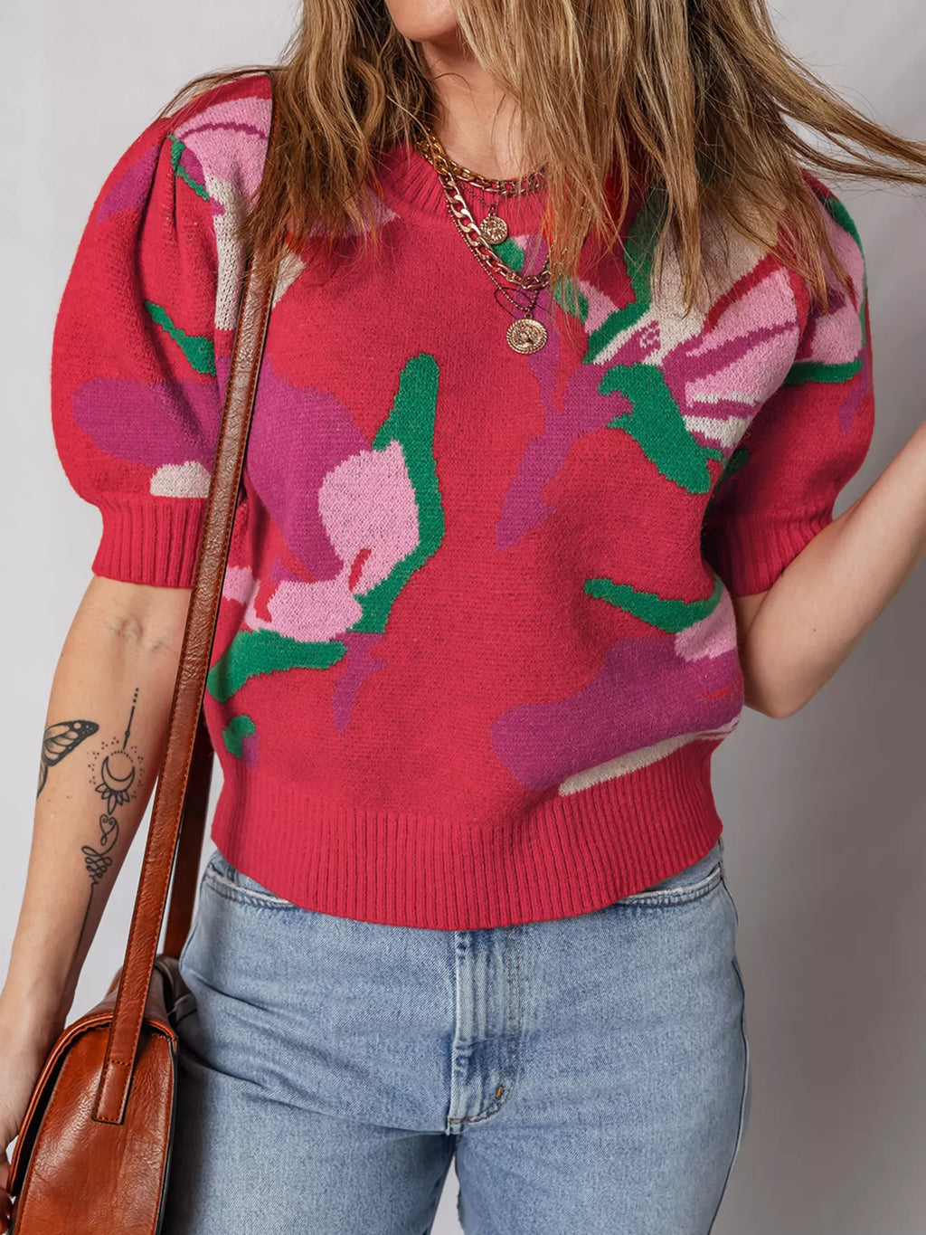 Floral Abstract Print Short Puff Sleeve Sweater
