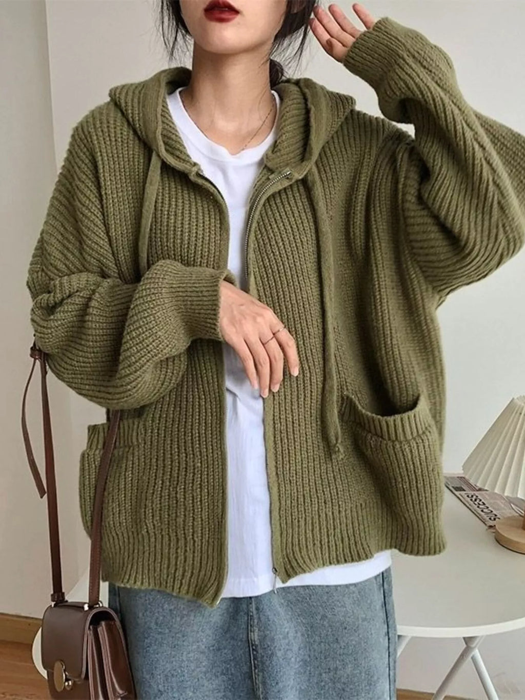 Full Size Casual Knitted Zip-Up Hooded Cardigan Plus Size