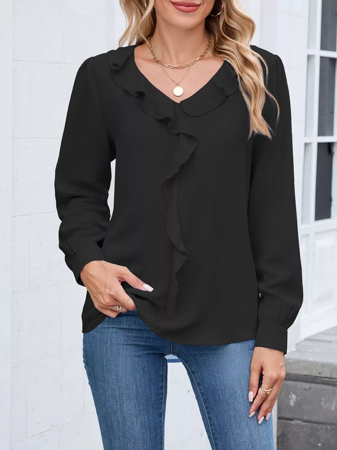Ruffled V-Neck Long Sleeve Blouse