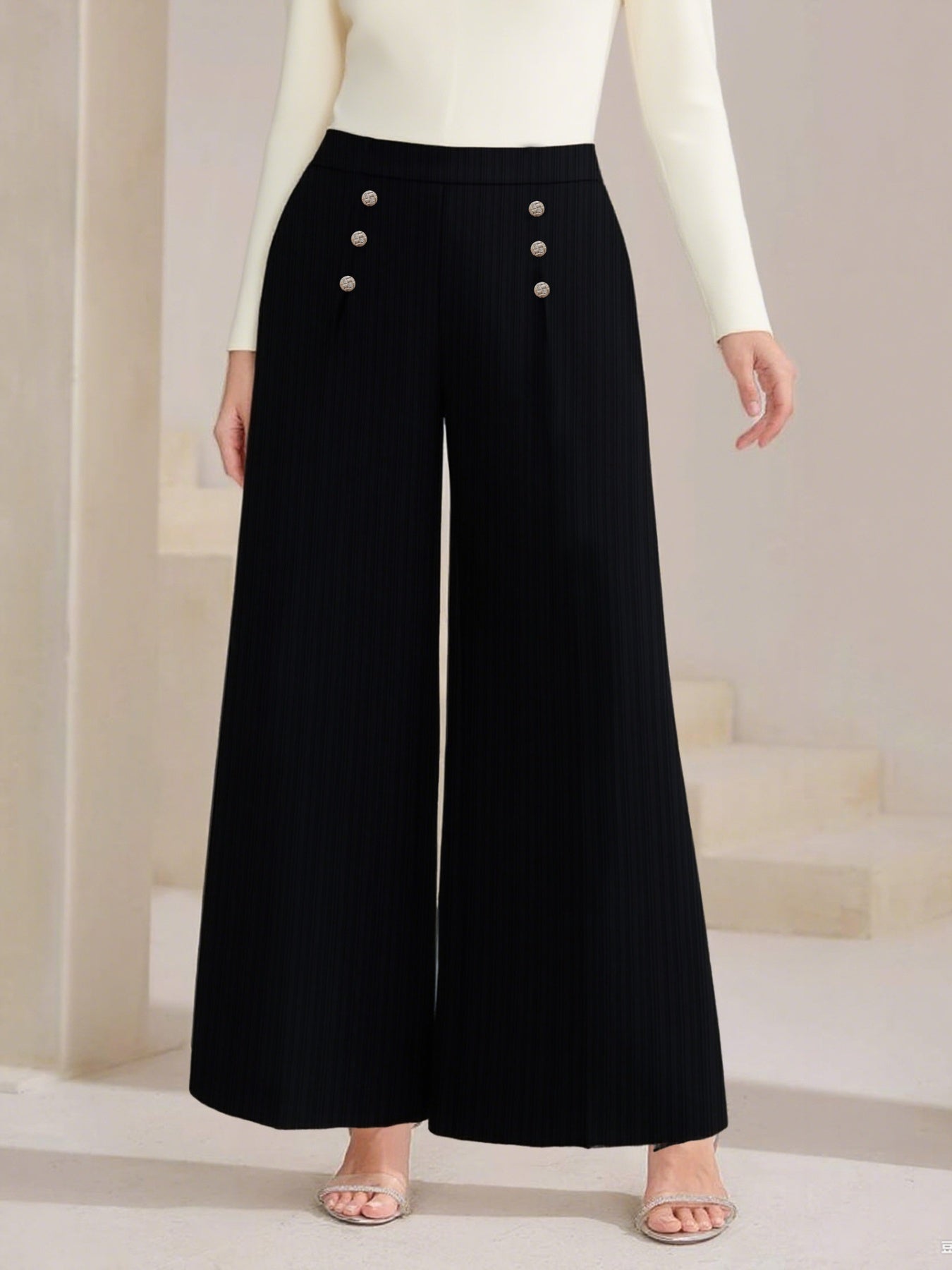Plus Size High Waist Wide Leg Button Decor Pants