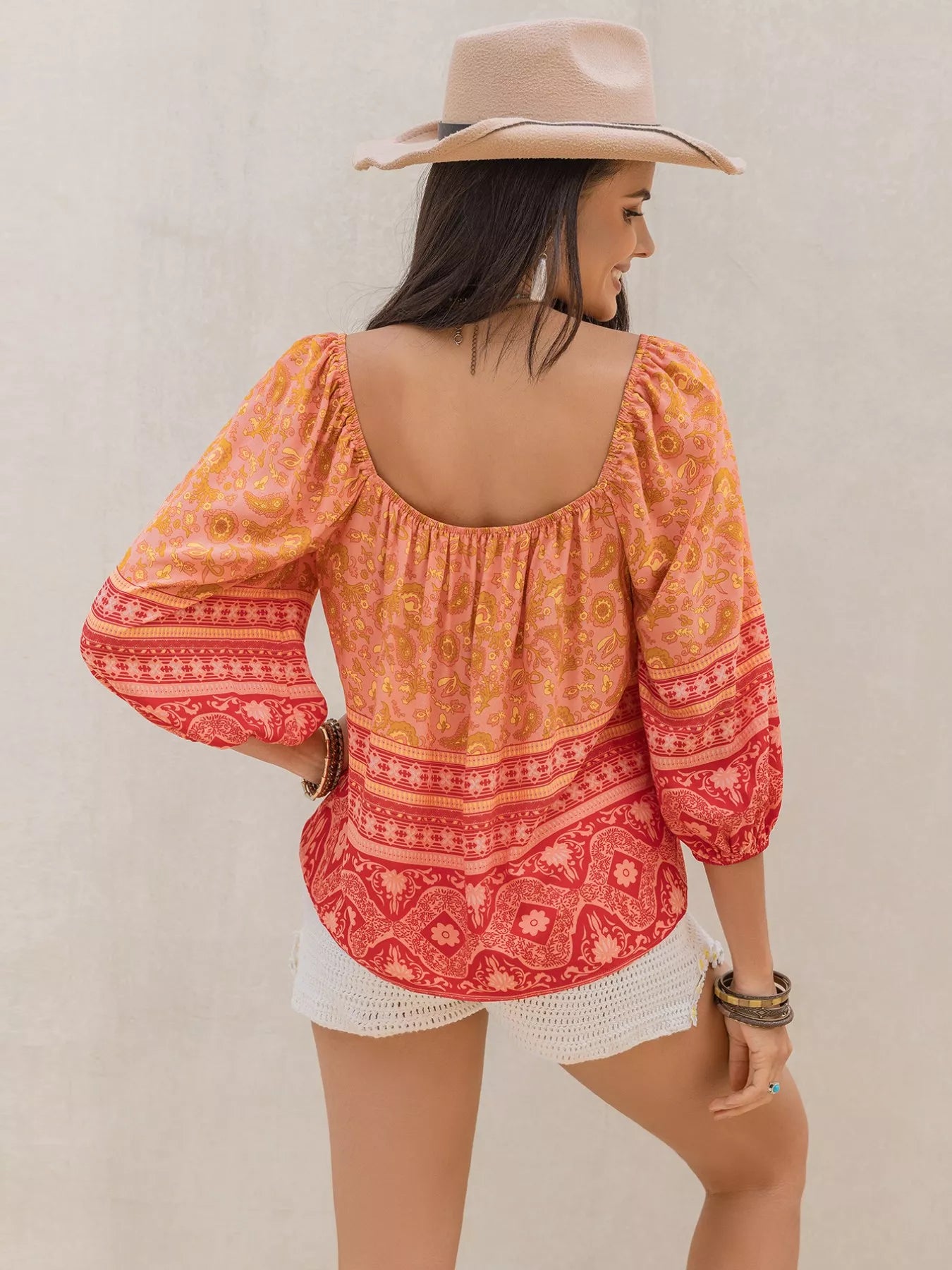 Printed Square Neck Balloon Sleeve Blouse