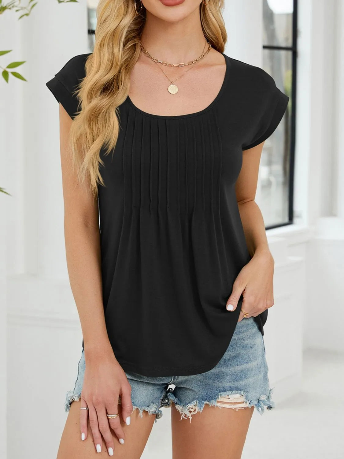 Pleated Front Scoop Neck T-Shirt