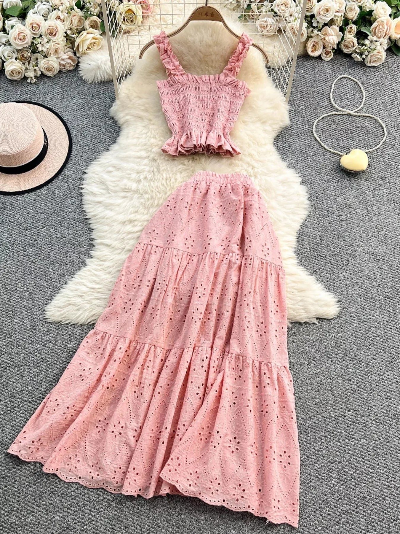 Smocked Crop Top and Hollow-Out Skirt Set