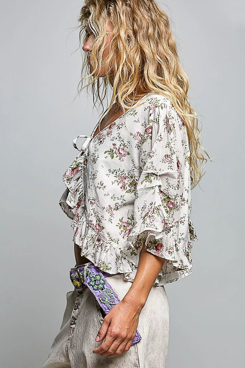 POL Ruffle Tie Front Cropped Floral Woven Flutter Sleeve Top
