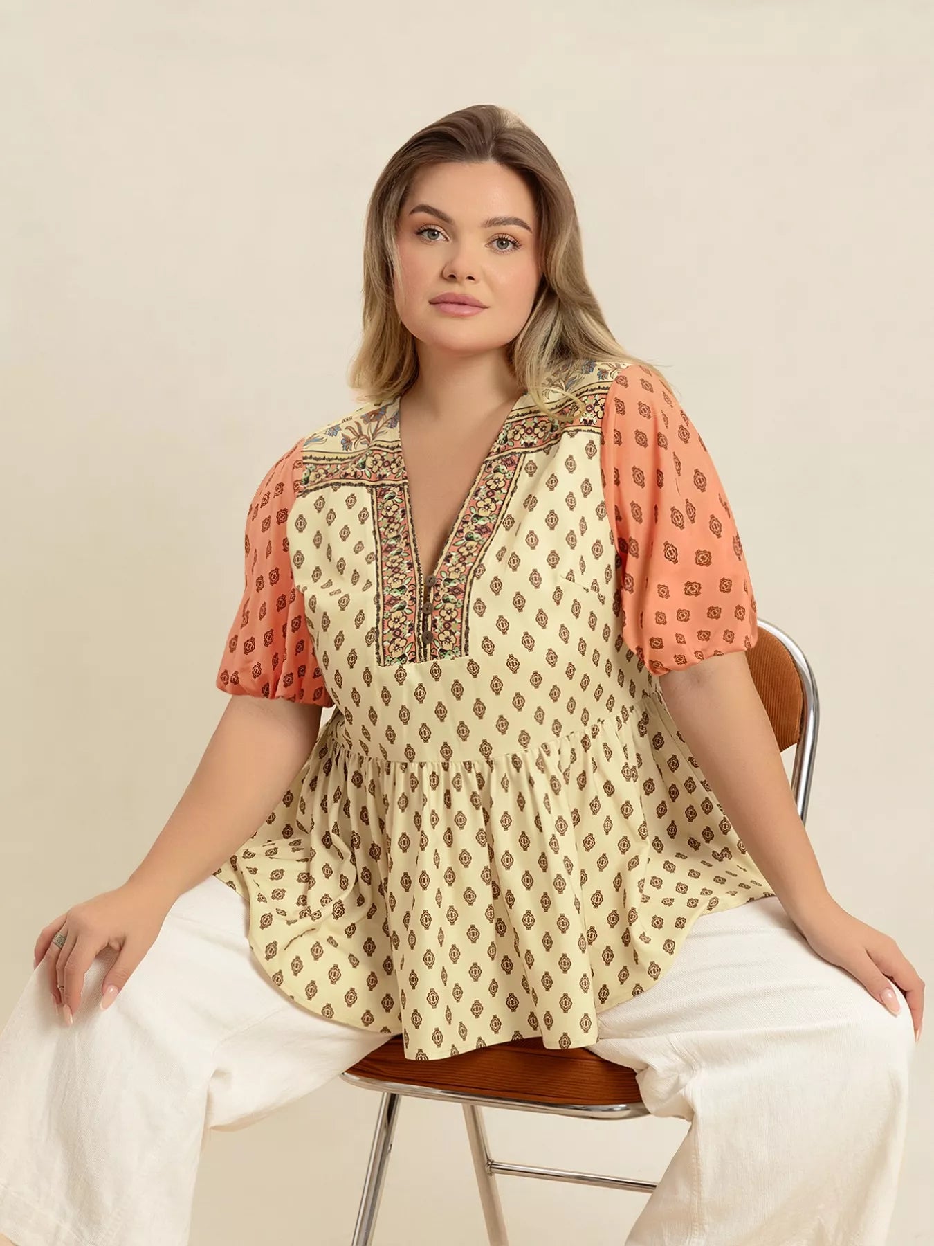 Plus Size Printed Short Sleeve Peplum Blouse