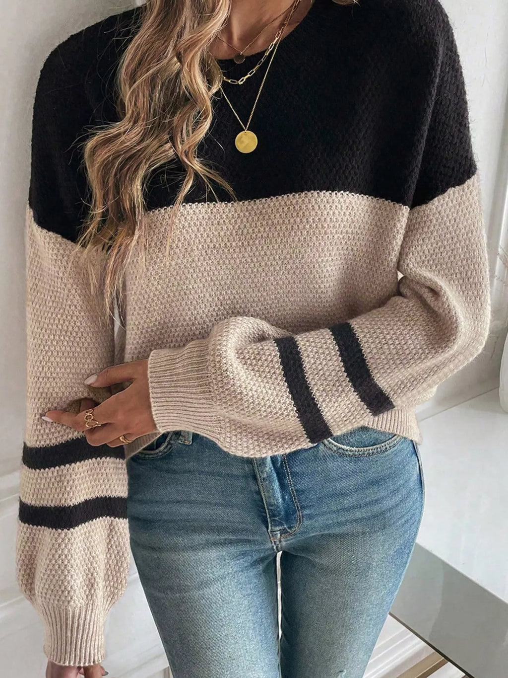 Color Block Knit Striped Sleeve Detail Casual Sweater