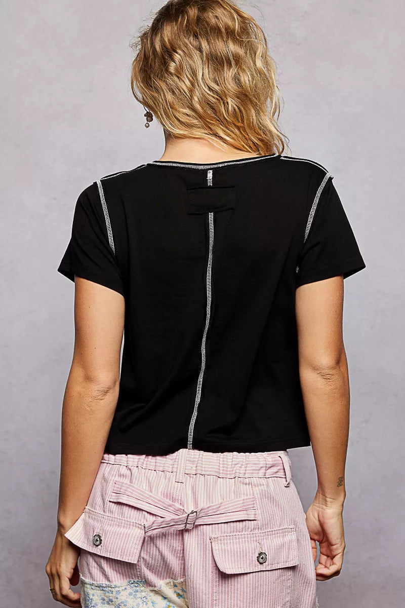 POL Contrast Stitching Round Neck Short Sleeve T-Shirt