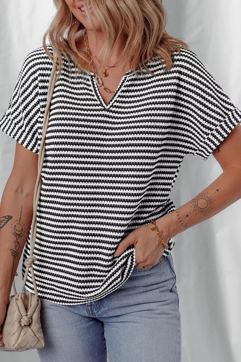 Stripe Textured Knit Notched Neck Cuffed Short Sleeve Top