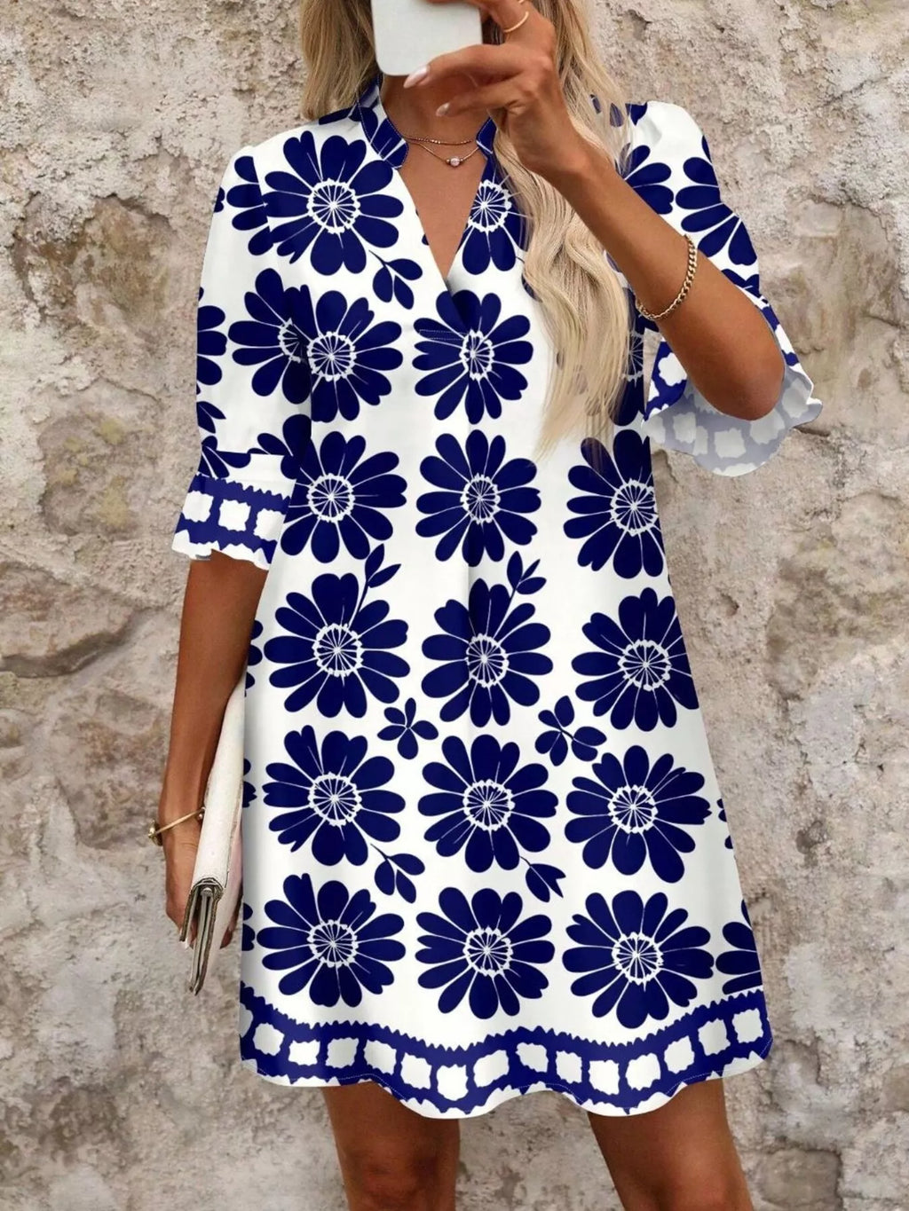 Floral Print Notched Ruffle Sleeve Mini Dress