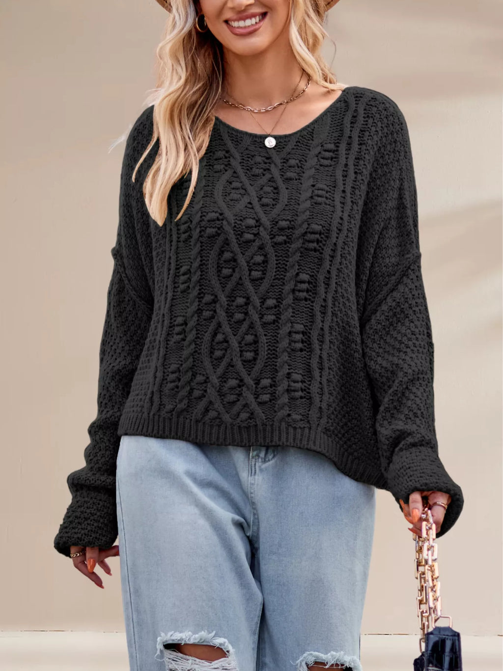 Textured Knit Round Neck Sweater