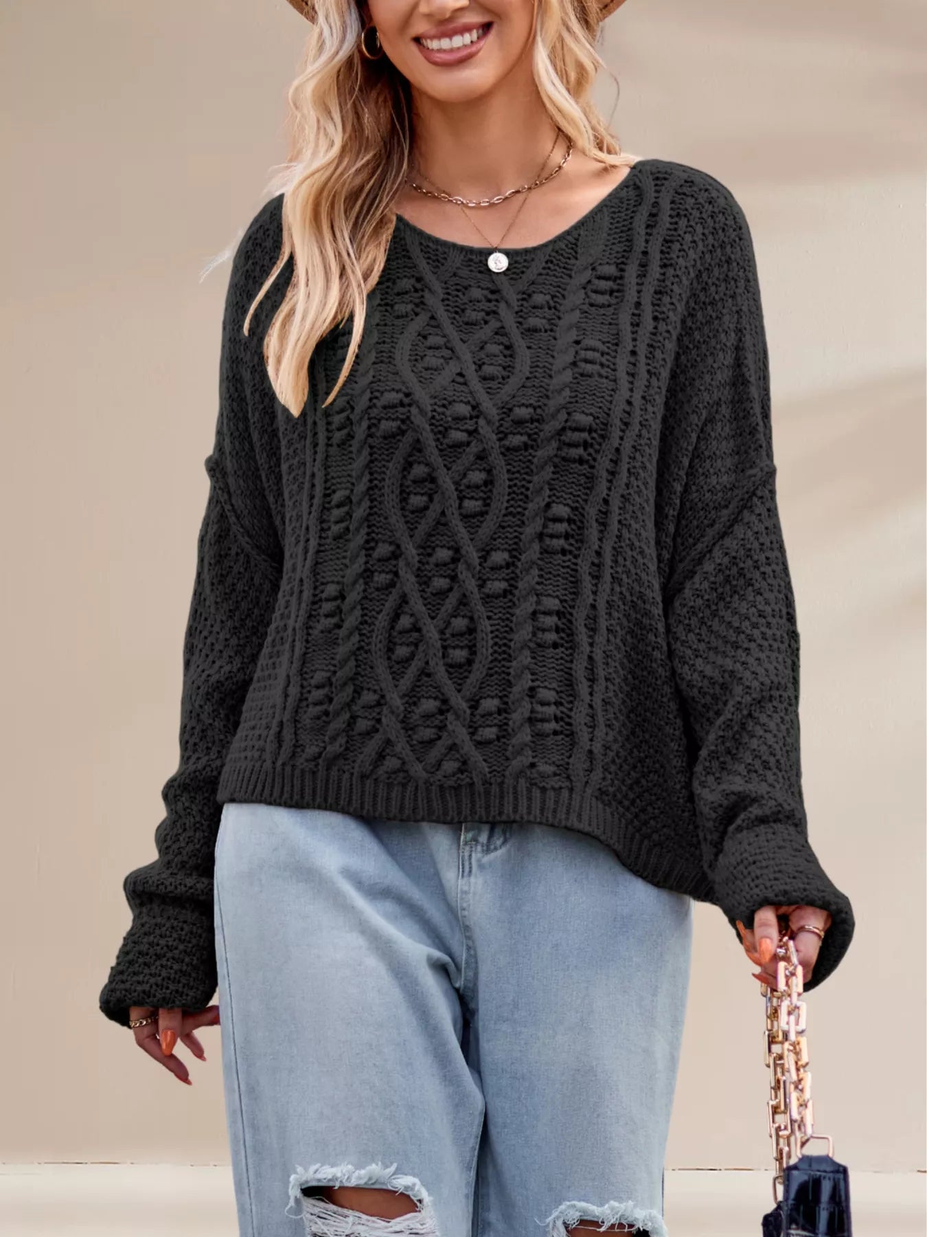 Textured Knit Round Neck Sweater