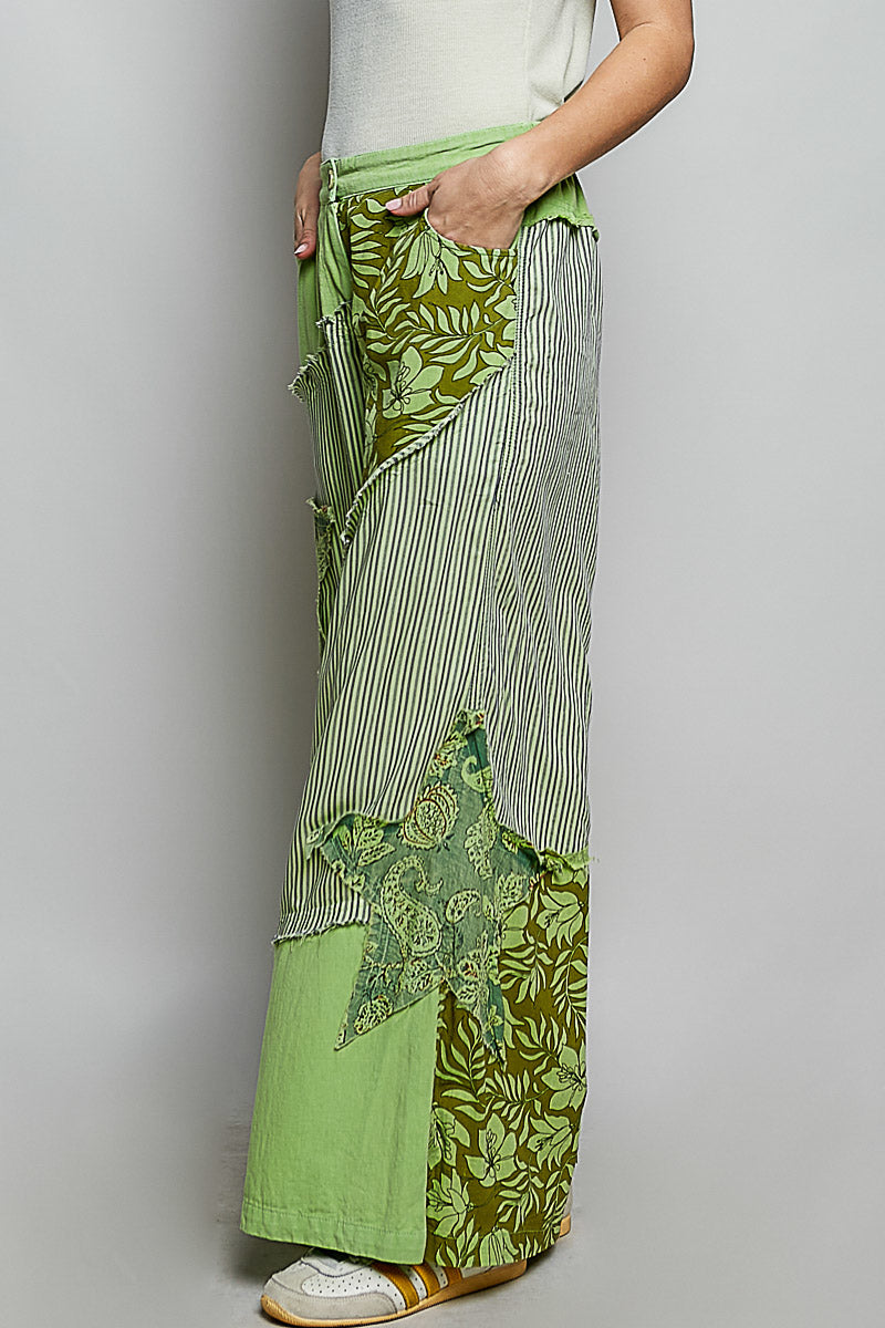 POL Striped Floral Patchwork Wide leg Pants with Side Big Star Patch