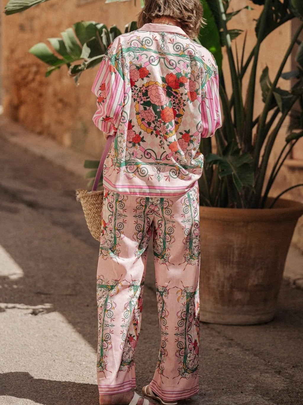 Printed Button Up Shirt and Pants Set