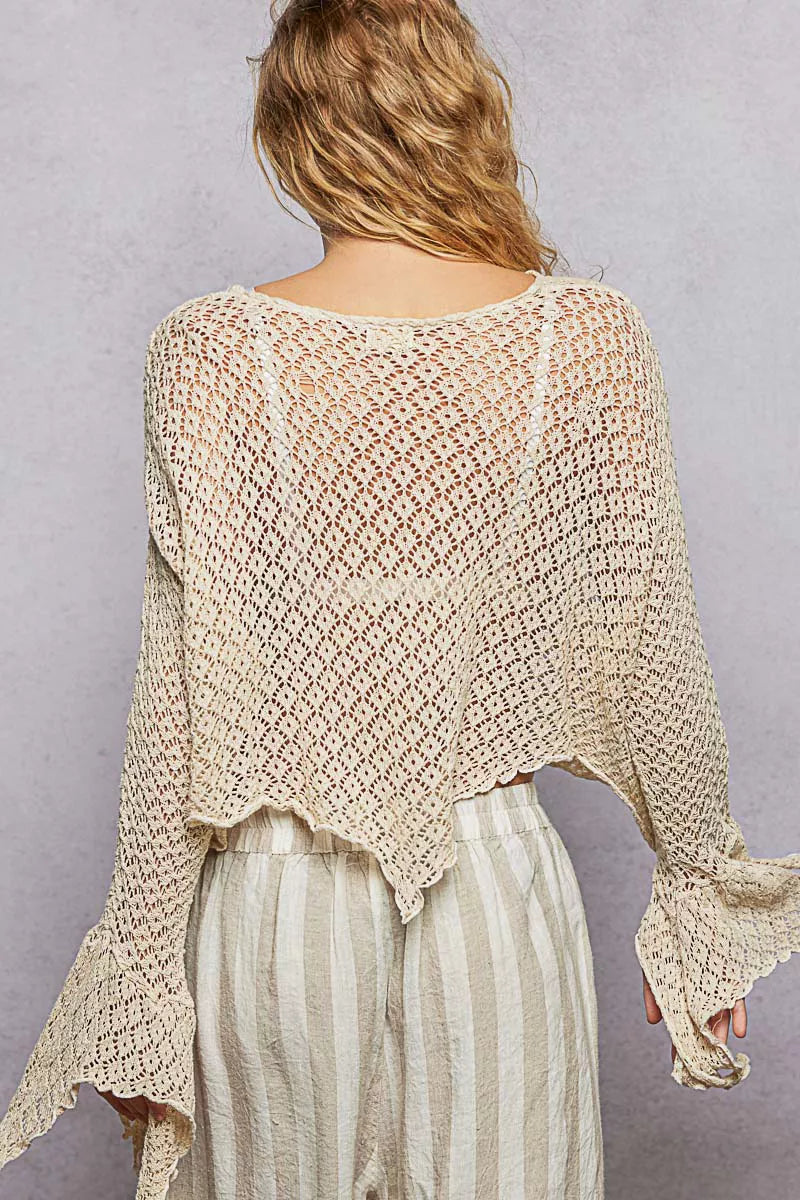 POL Raw Edge Open Sleeve High-Low Cotton Knit Top