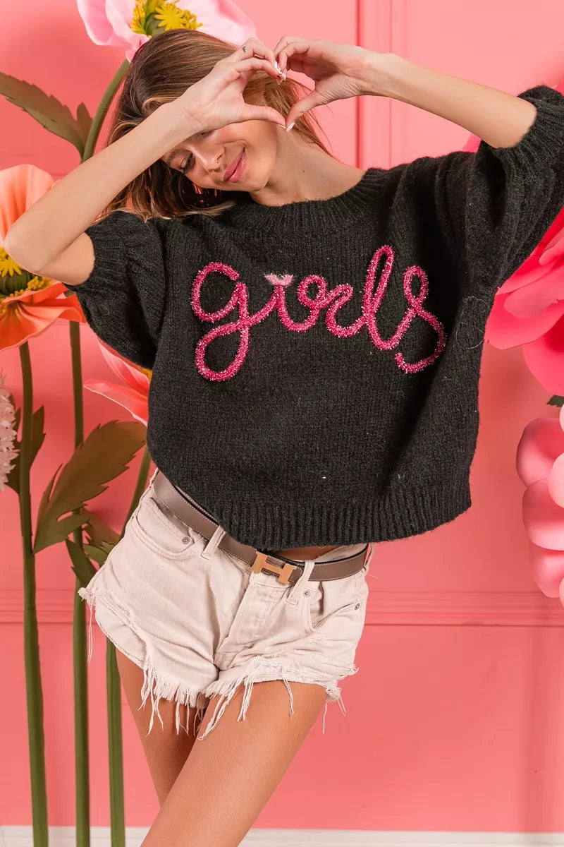 BiBi Metallic Letter Short Puff Sleeve Hairy Sweater
