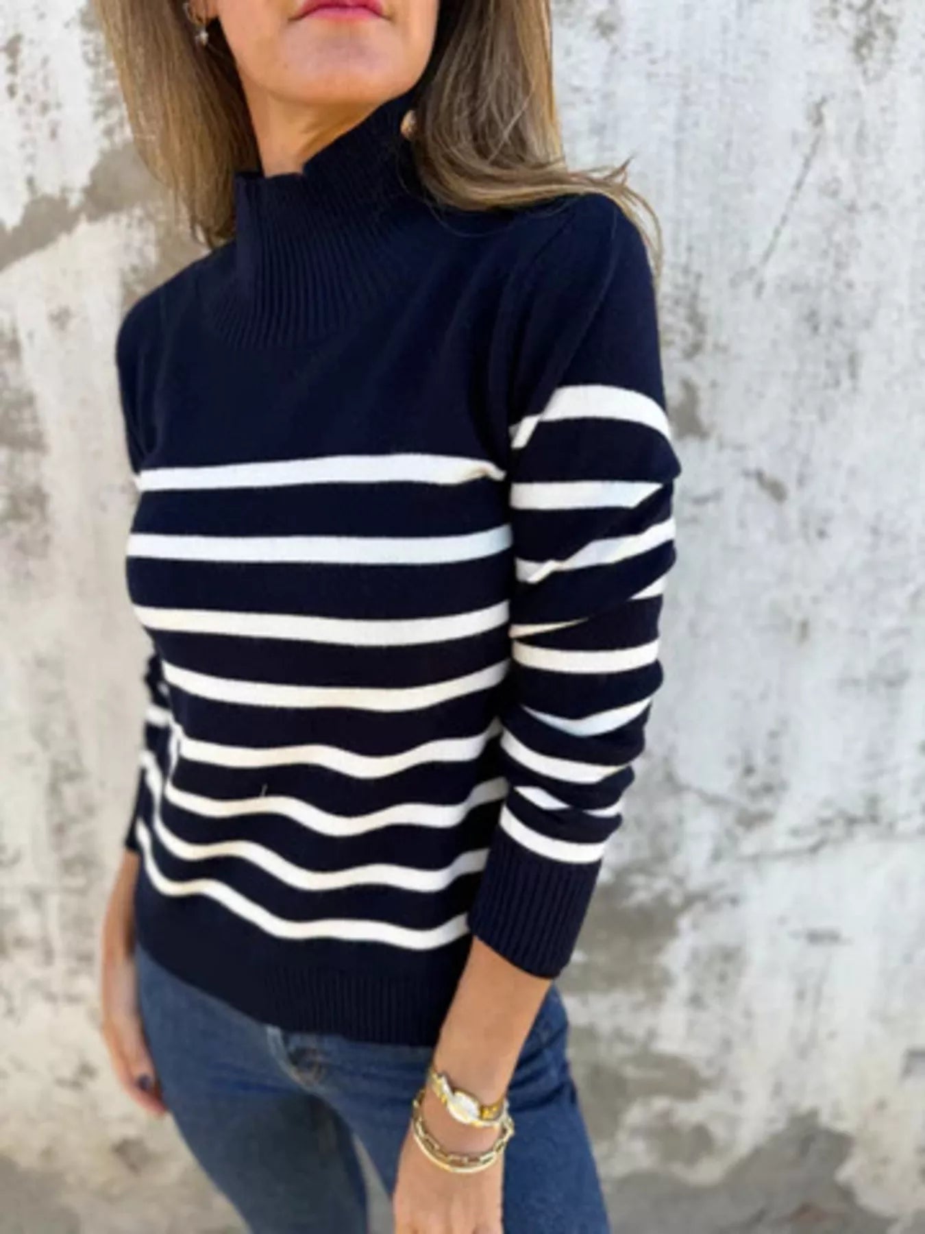 Full Size Striped Turtleneck Long Sleeve Sweater Plus Size