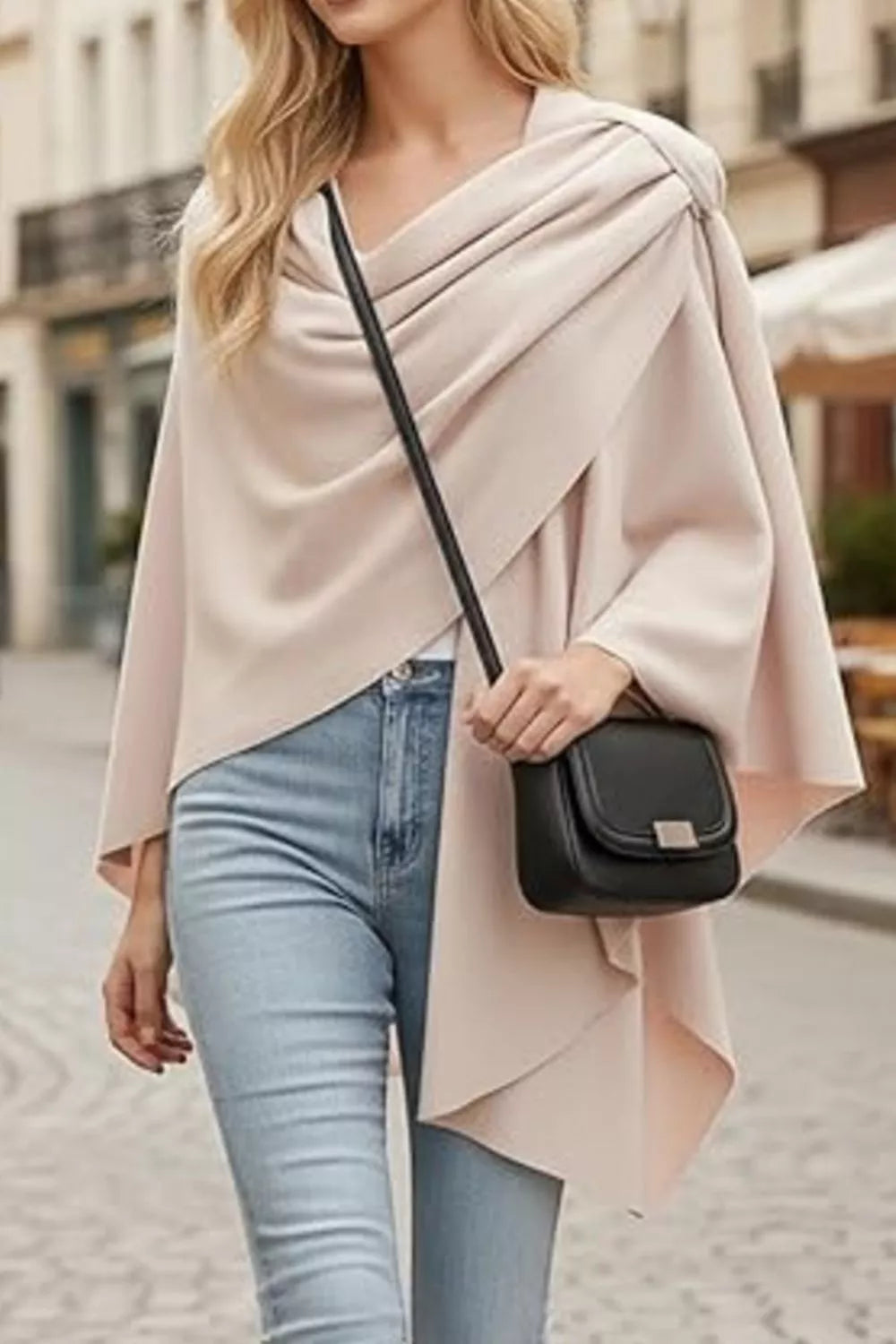 Draped Knitted Split Cape Shawl with Strap