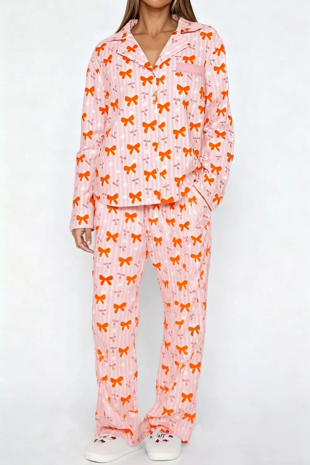 Bow Print Top and Wide Leg Pants Lounge Set