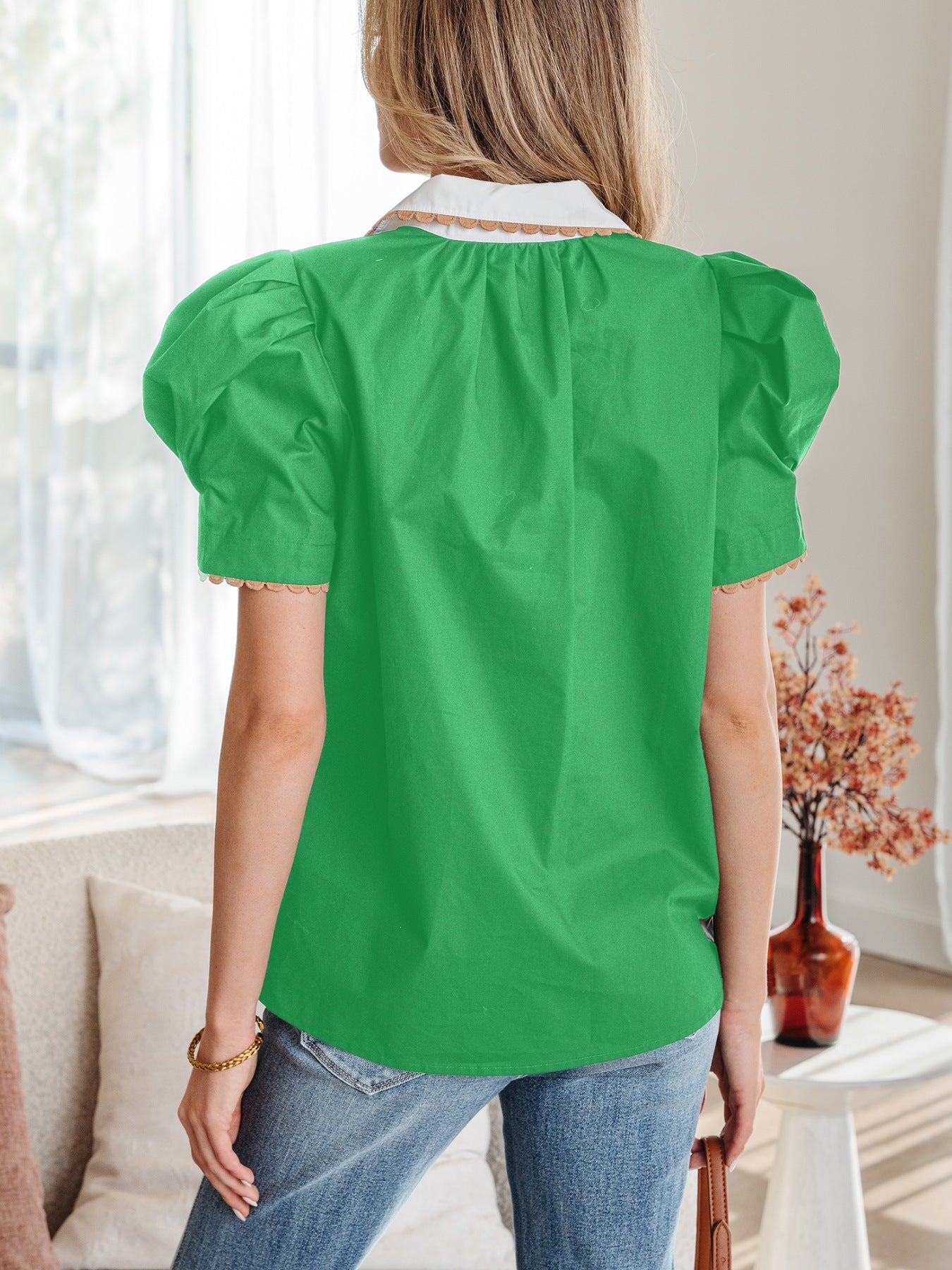 Ricrac Trim Color Block Patchwork Shirt Collar Short Sleeve Blouse