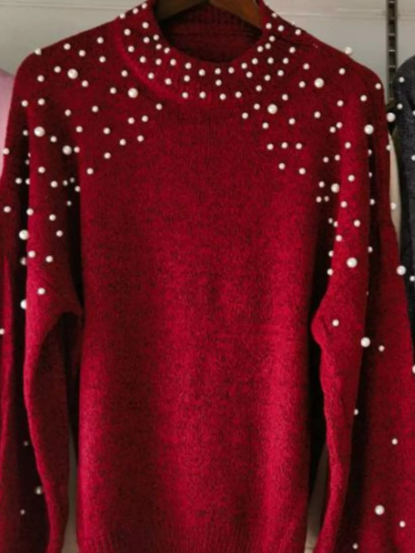 Pearl-Embellished Mock Neck Sweater