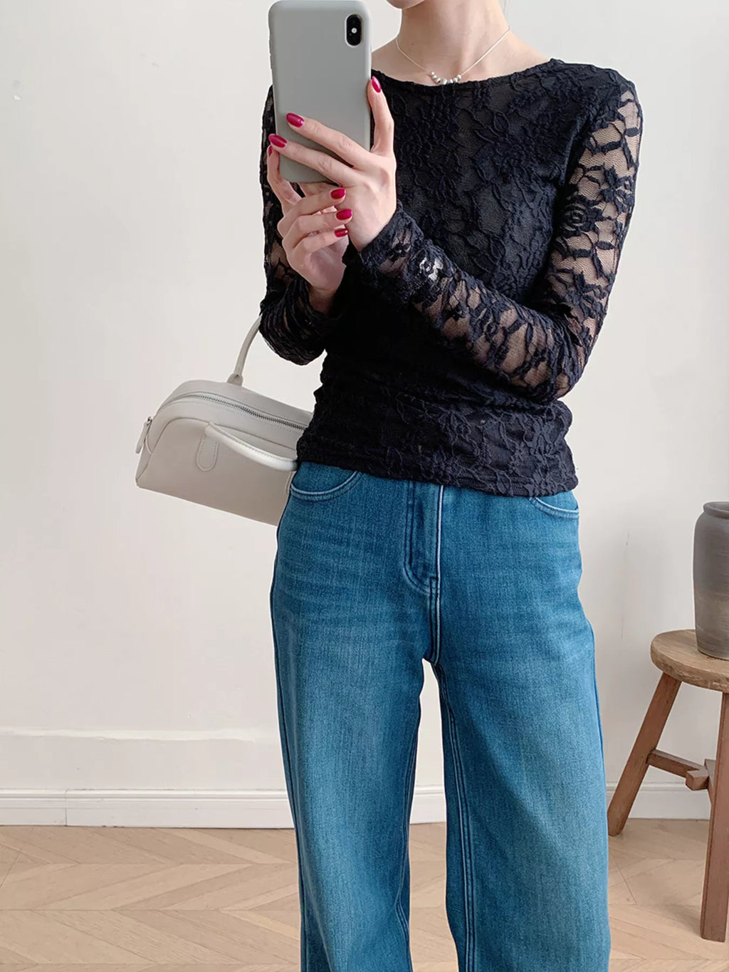Lace Round Neck Long Sleeve Top