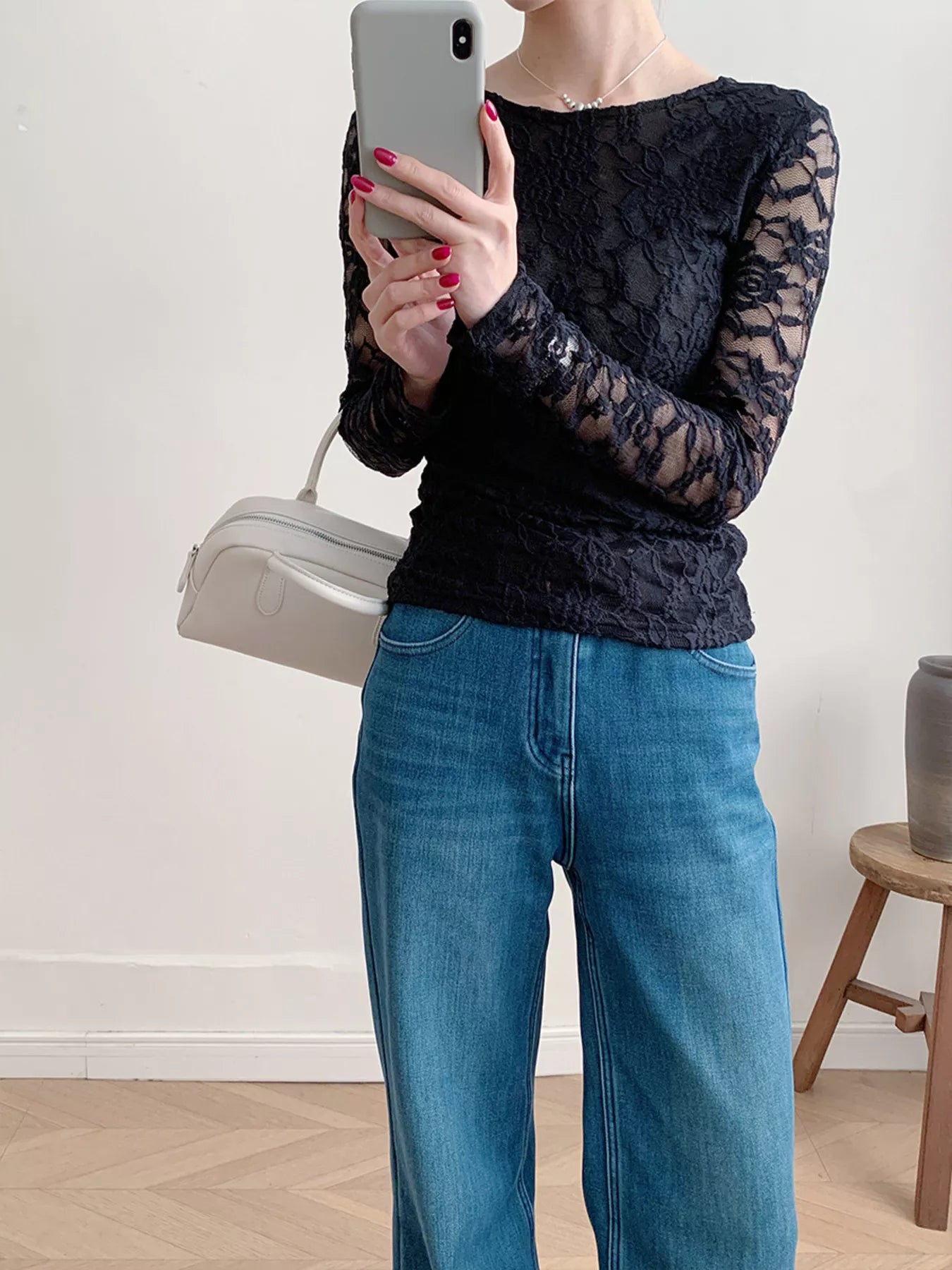 Lace Round Neck Long Sleeve Top