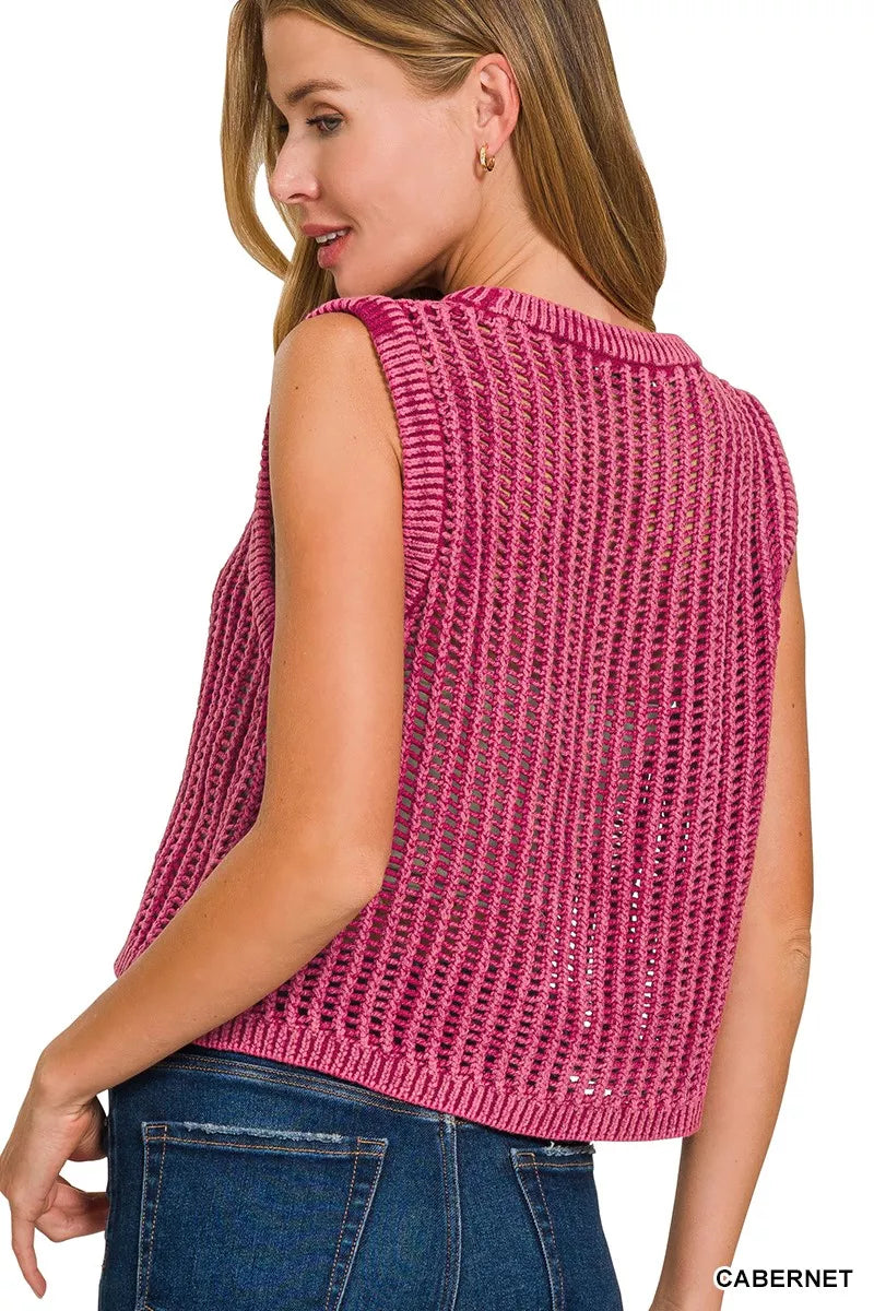 Zenana Acid Washed Fishnet Sweater Vest