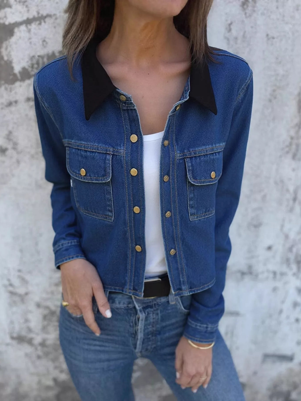 Snap Down Denim Jacket with Chest Pockets