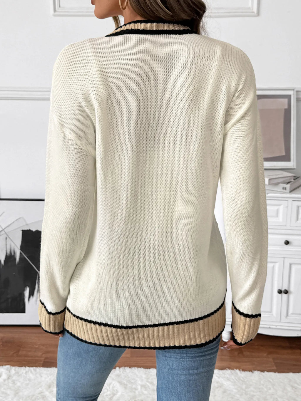 Contrast Trim Button Up Knit Cardigan