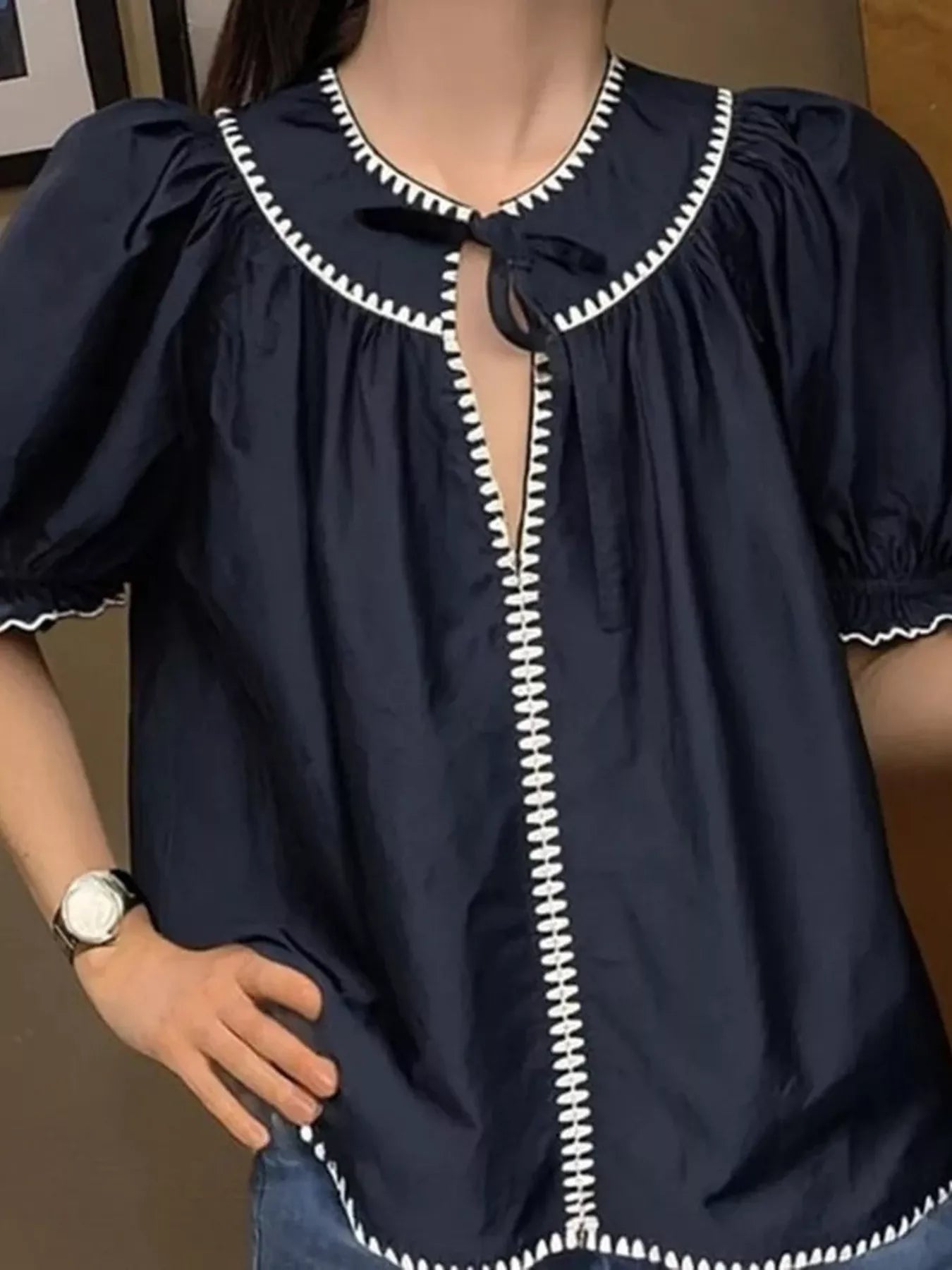 Full Size Tie Neck Short Sleeve Blouse Plus Size