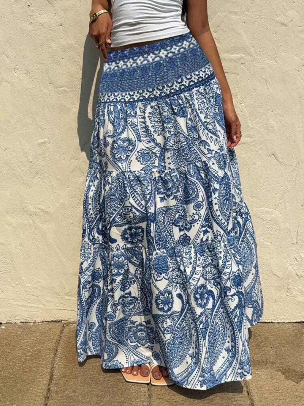 Paisley Print Tiered Maxi Skirt