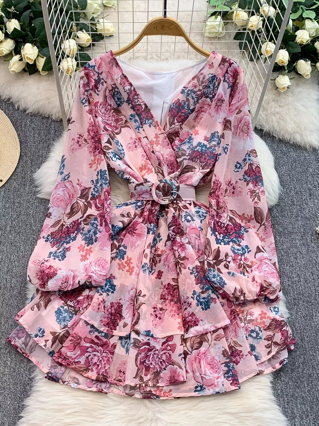Floral Print Ruffle Hem Mini Dress