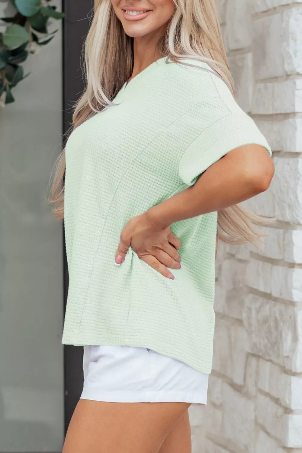 V Neck Short Sleeve Plus Size Waffle Knit Top