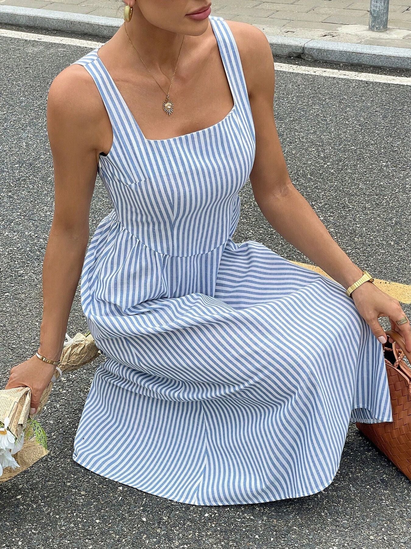 Striped Square Neck Midi Dress