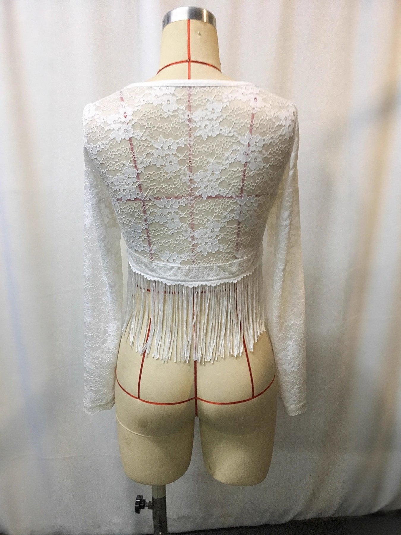 Full Size Fringe Hem Lace Long Sleeve Top Plus Size