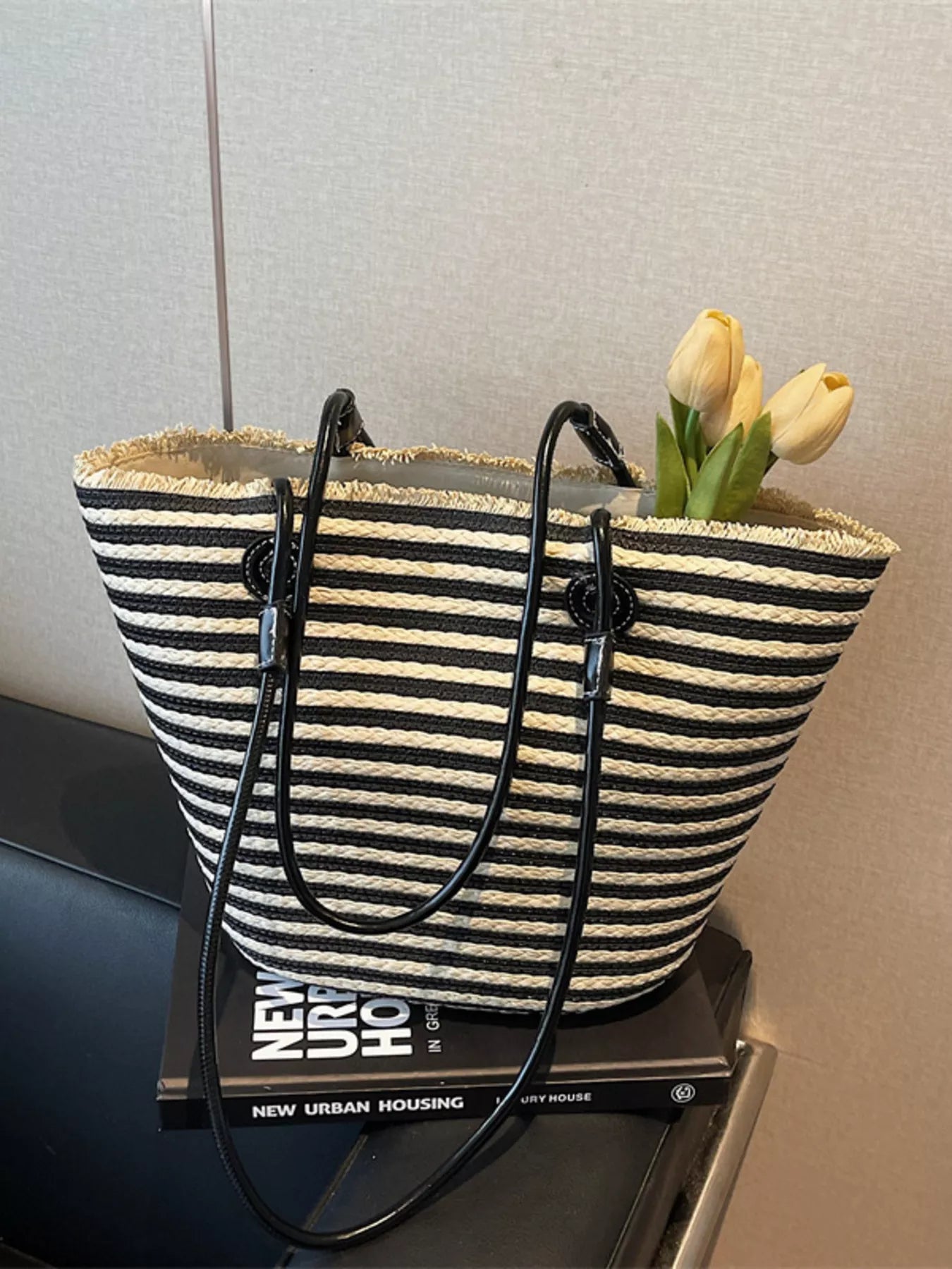 Striped Woven Straw Shoulder Bag
