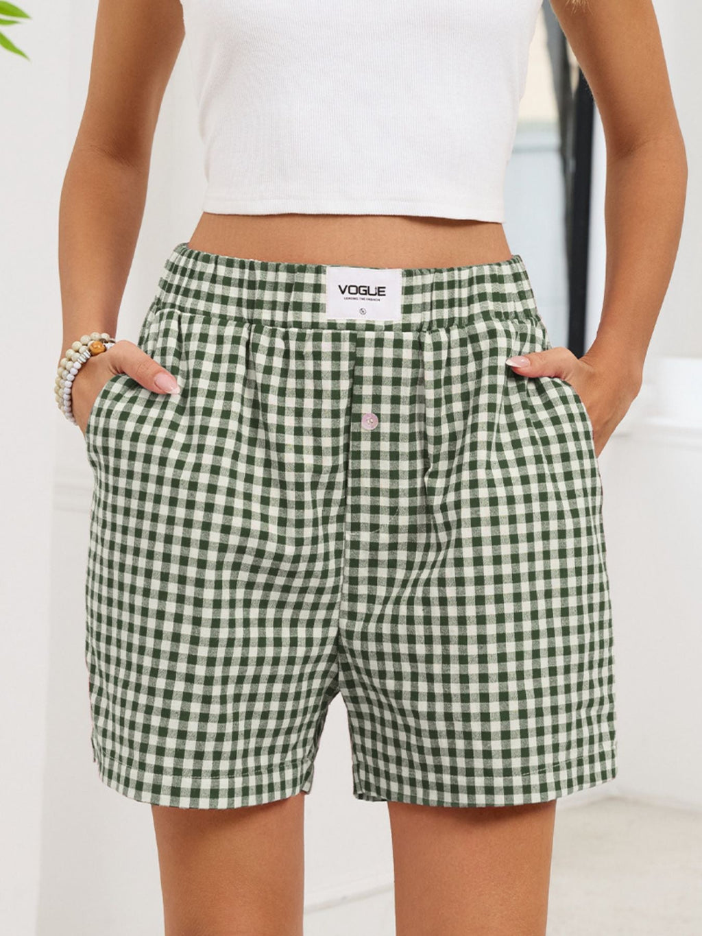 Gingham Elastic Waist Casual Shorts