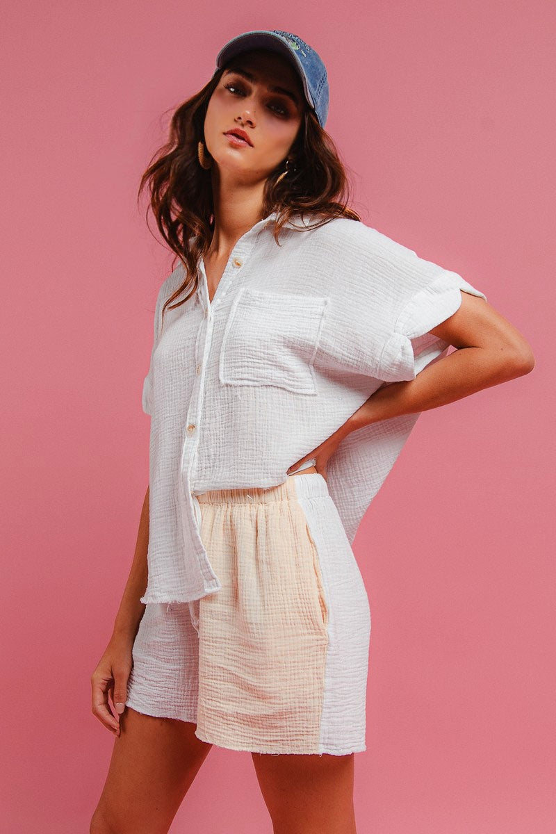 BiBi Wrinkled Gauze Solid Shirts Top and Shorts Set