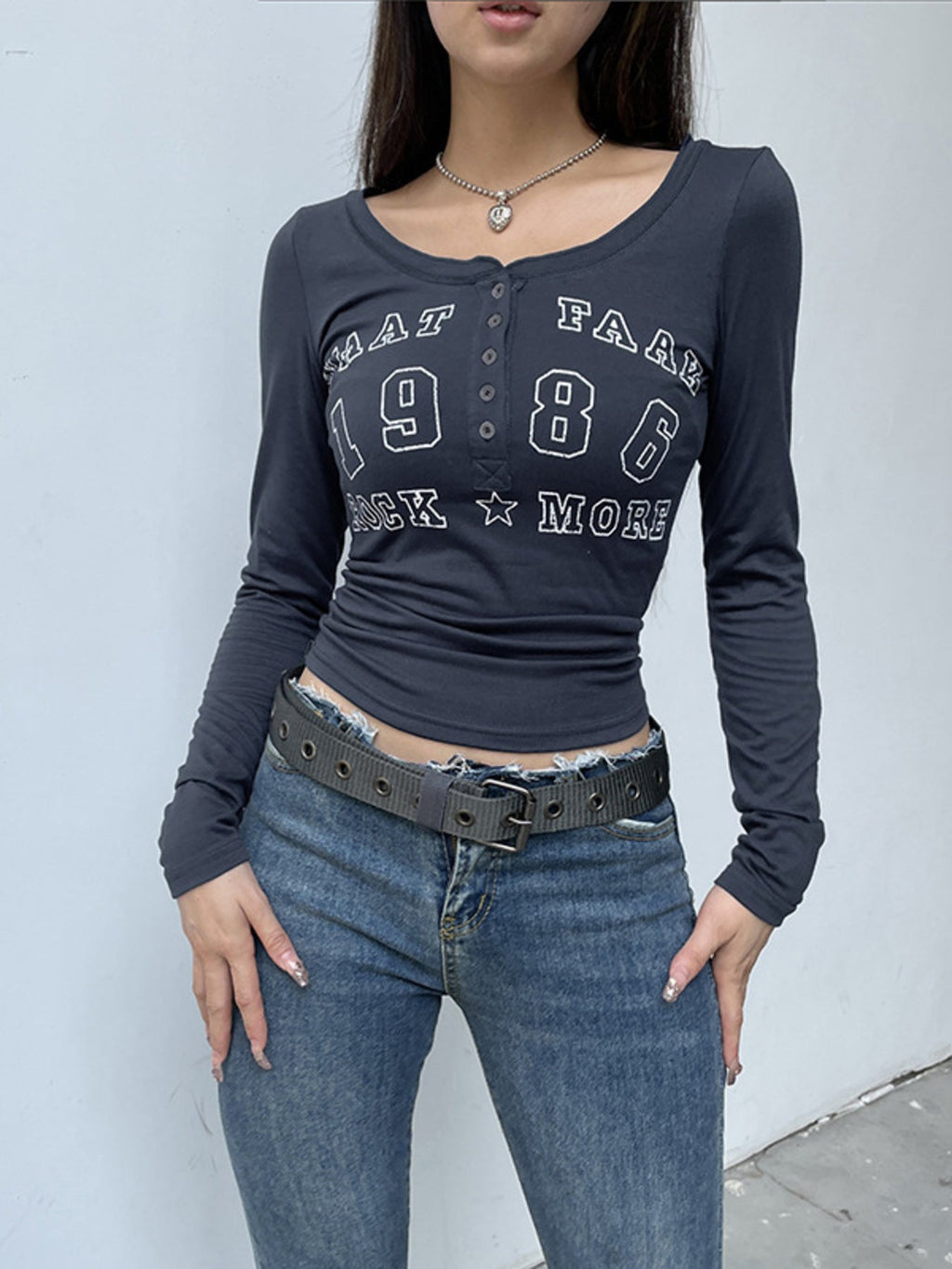 Letter Graphic Button Detail Long Sleeve T-Shirt