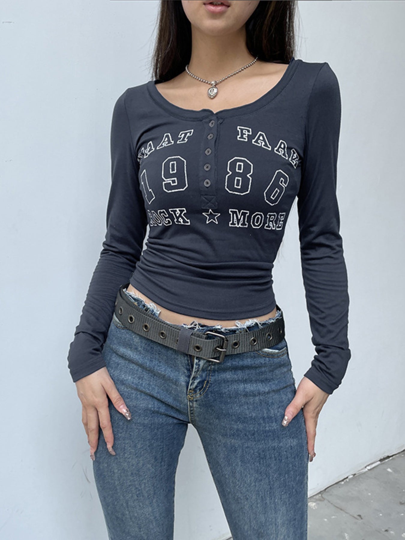 Letter Graphic Button Detail Long Sleeve T-Shirt